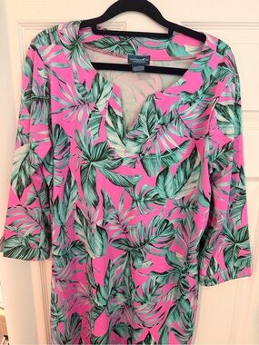 Caribbean Joe Hot Pink and Green Tropical Leaf Tunic Top